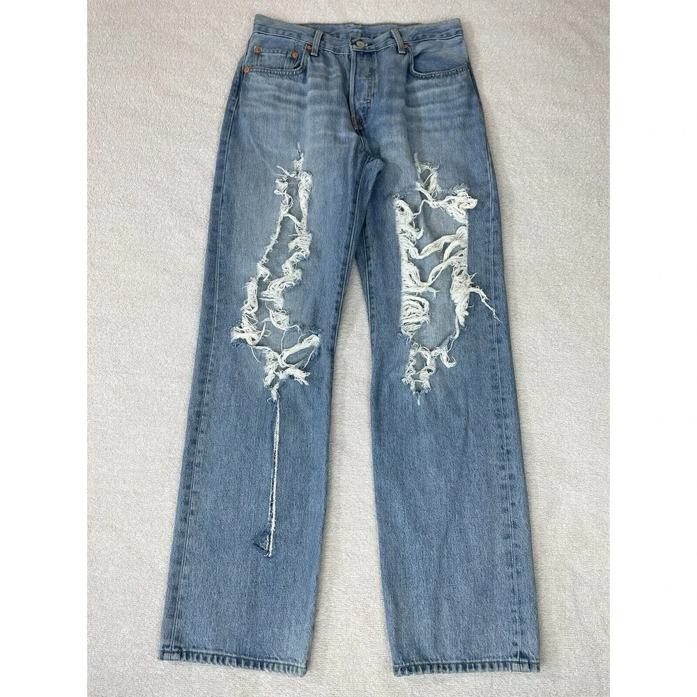 Levi's Premium 501 '90s Selvedge Jeans Women's W28 L32 Big E Destroyed Mid-Rise